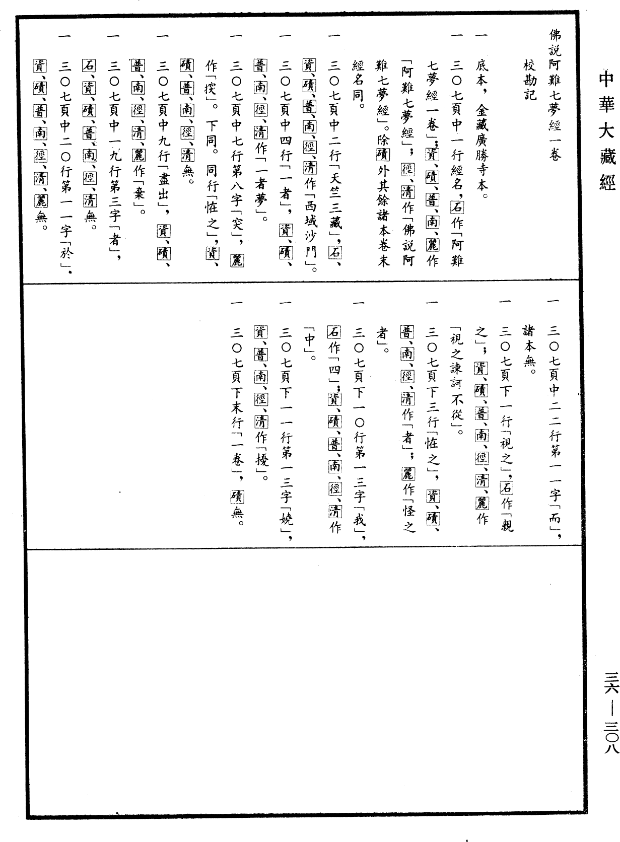 佛說阿難七夢經《中華大藏經》_第36冊_第0308頁